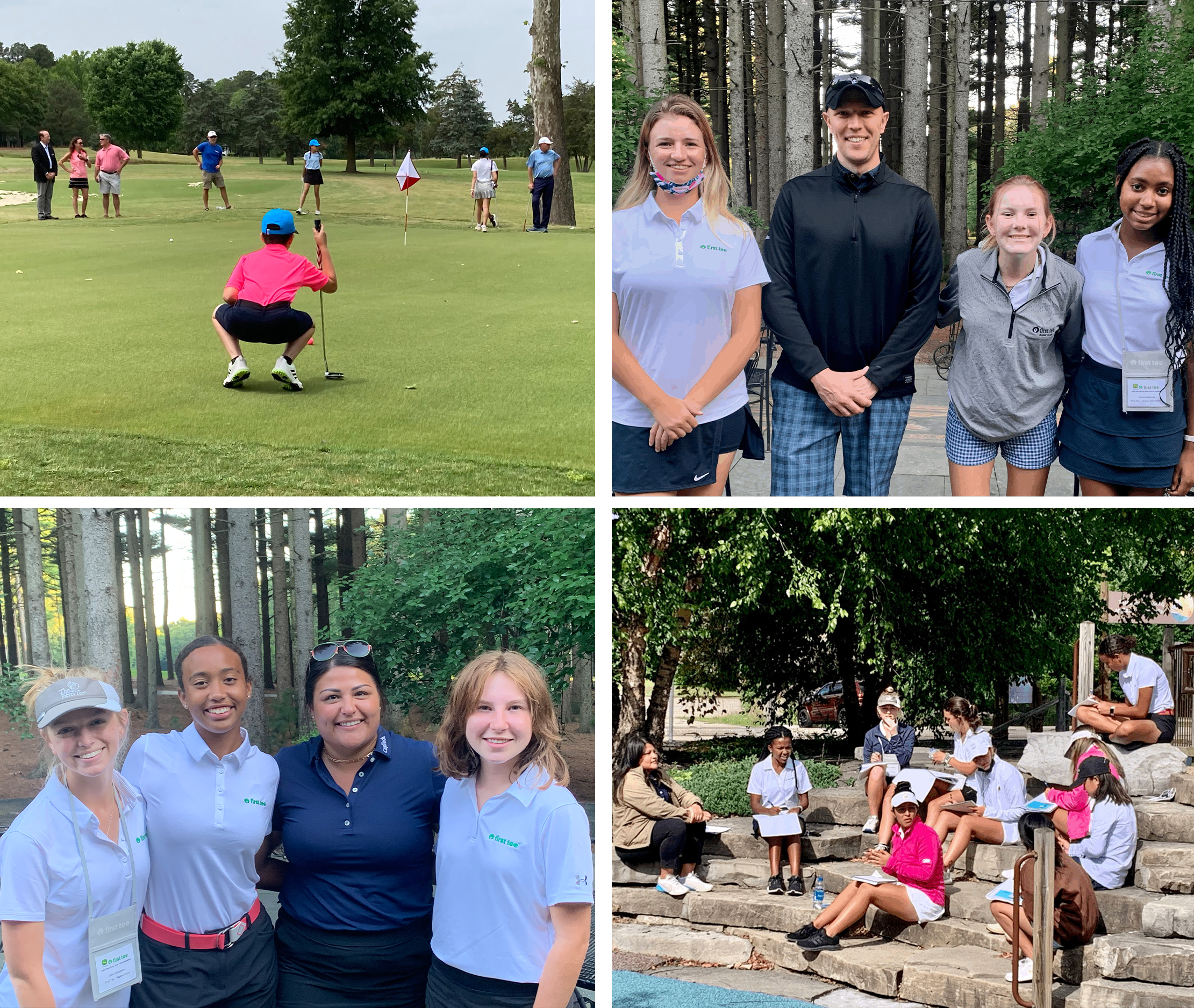 First Tee participants practicing skills on the course, posing for a group portrait, and participating in a discussion with a coach