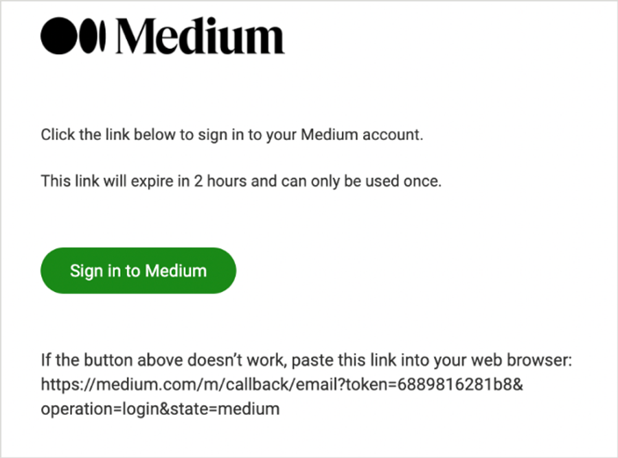 The email sent by Medium.com for users that request to log in with an email link