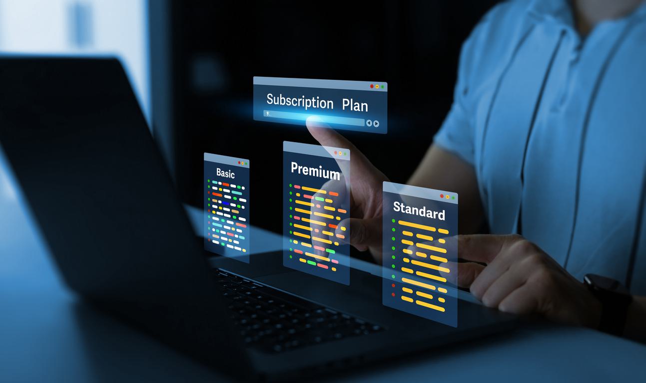 Digital interface showing subscription plan options over a laptop, including basic, standard, and premium tiers with pricing, feature comparisons, and order buttons. A hand is selecting the premium plan, highlighting an interactive and modern software pricing experience.
